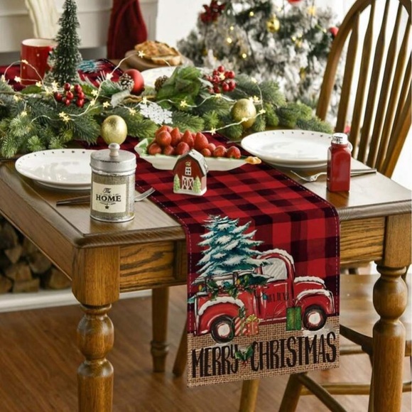 NWT Red Buffalo Check Red Farm Truck 🎄 Merry Christmas Table Runner 72x13 - Picture 2 of 5